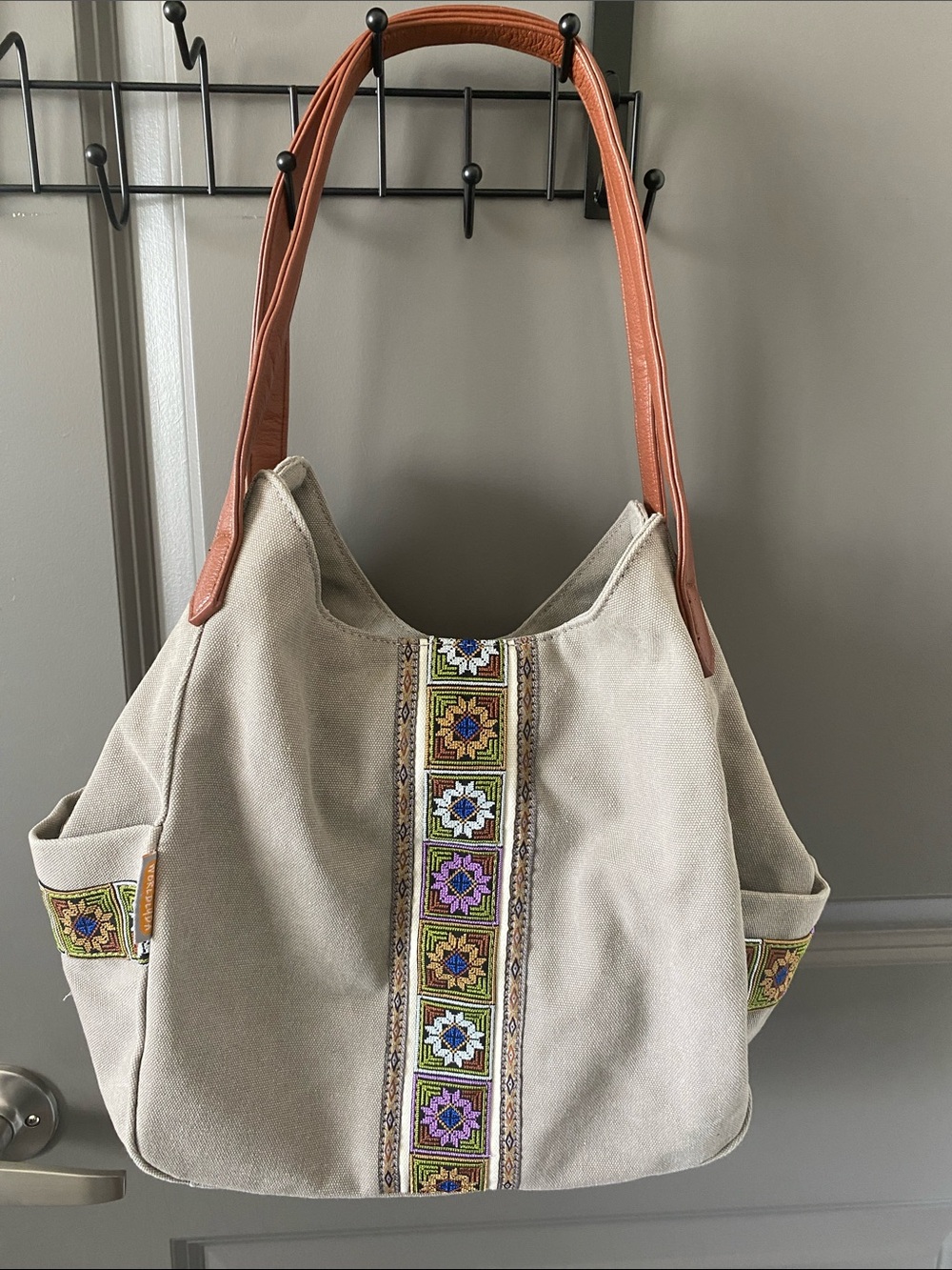 Worldlyda Gray Canvas Tote with Embroidered Trim and Brown Handles